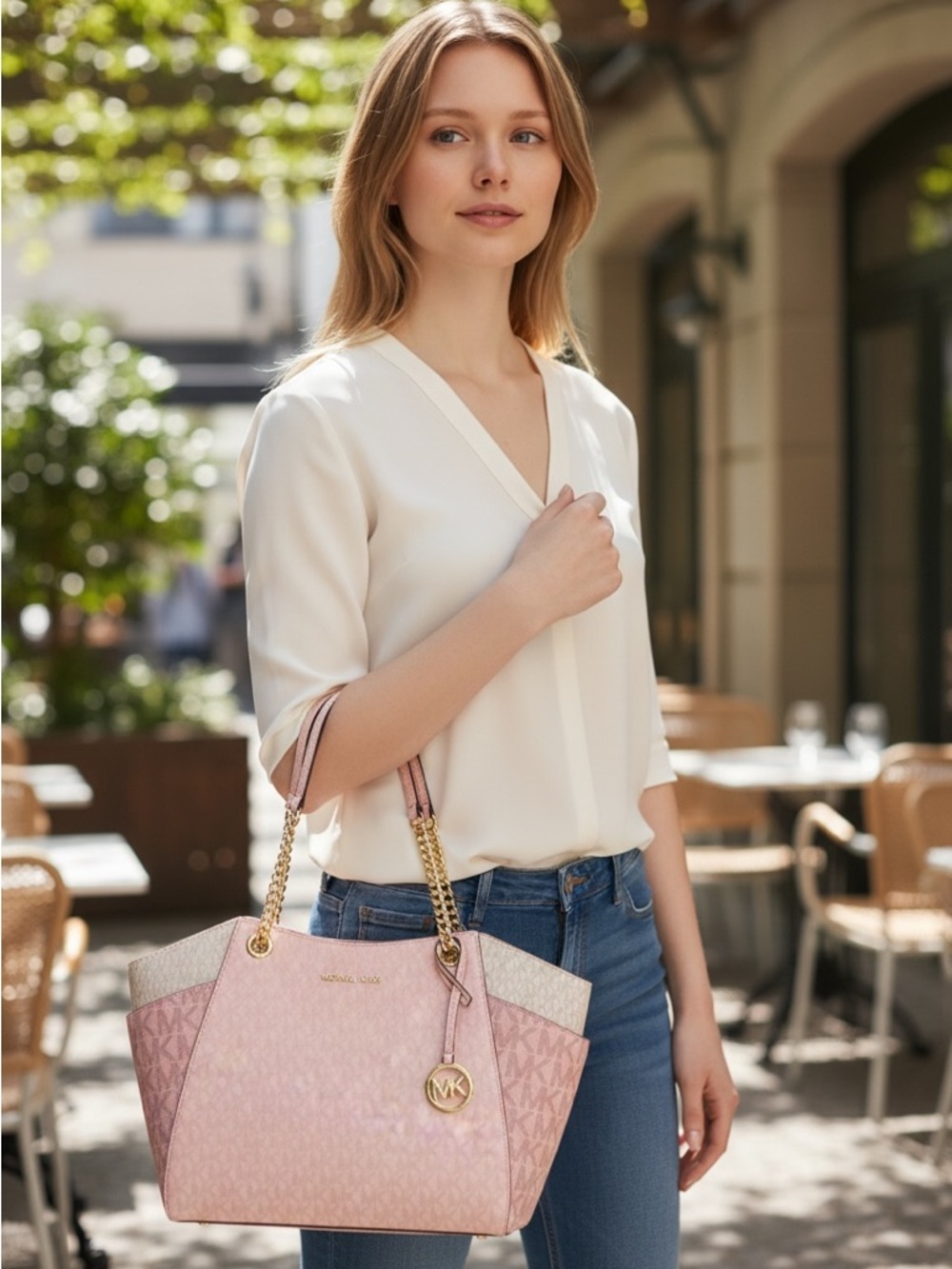 Michael Kors $558msrp Blush Pink Large Chain Jet Set Travel Tote Bag - Picture 6 of 9